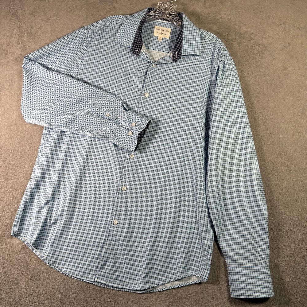 CON.STRUCT Shirt Mens L Blue Plaid 4 Way Stretch‎ Button Up Long Sleeve Office